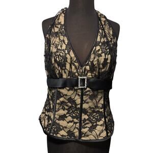 Cache Black Lace Floral Overlay Nude Mesh V Neck Halter Rhinestone Buckle Sz L